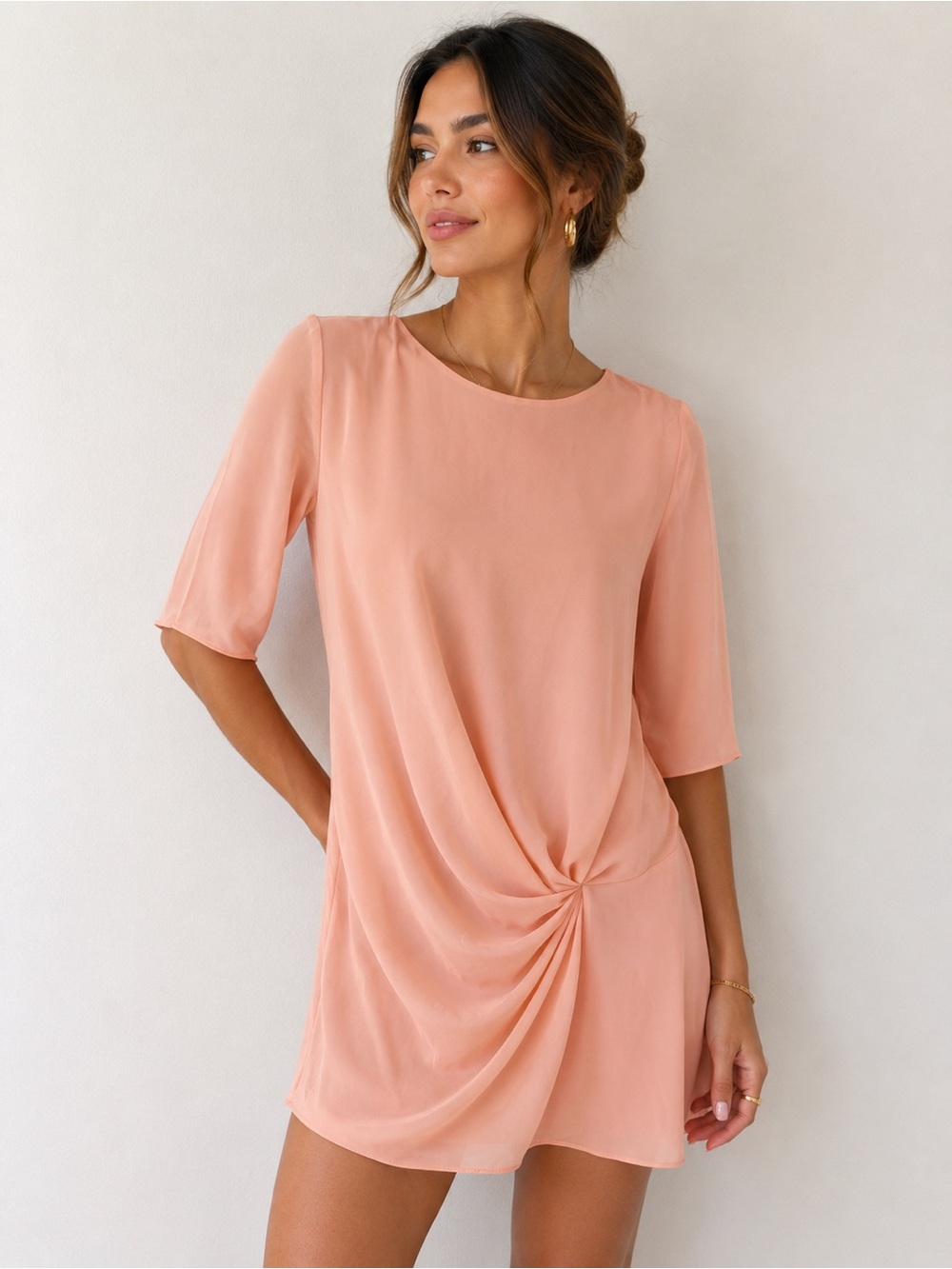 Zara Blush Pink Draped Shift Mini Dress Size Small Twist Front Romantic Vacation